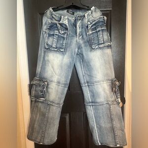 AKIRA Women's Light Blue Flare Wide-Leg Cargo Jeans